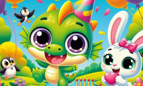 Dudu, um pequeno dragão verde com escamas brilhantes e grandes olhos cheios de alegria, está pulando de felicidade em um parque colorido, cercado por flores vibrantes e balões flutuantes. Ele sorri amplamente, mostrando seus pequenos dentes afiados, e usa um chapéu de festa. Branquinha, uma coelhinha branca vaidosa com grandes orelhas e um laço rosa na cabeça, está ao lado de Dudu, rindo e segurando um balão em forma de coração. Ela tem os olhos cheios de excitação e parece pronta para ajudá-lo a preparar a festa. Ao fundo, o parque está repleto de vegetação, com árvores de folhas douradas e flores de todas as cores, enquanto um céu azul radiante ilumina a cena. Amigos como Pascoal o pinguim e Lili a borboleta também estão presentes, contribuindo para a atmosfera festiva. A cena principal mostra Dudu e Branquinha preparando a festa de aniversário, cercados por balões coloridos e risadas, prontos para soprar as velas de um enorme bolo decorado com creme e frutas.
