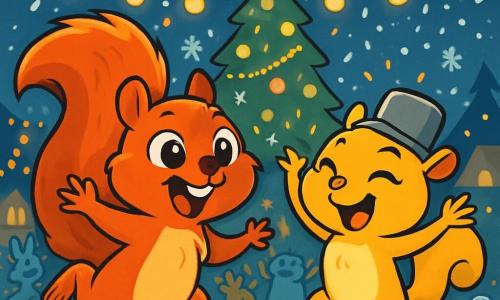 Peanut, a joyful red squirrel, is dancing enthusiastically in the village square, surrounded by sparkling lanterns and gently falling snowflakes. His shiny, silky fur and bushy tail reflect his contagious happiness. Next to him, his little sister Hazel, a golden-furred squirrel, is laughing heartily while wearing a small pot-shaped hat. She performs amusing dance moves, her eyes sparkling with mischief and excitement. The central square of Frosty Pines is decorated with twinkling lights and a large, shimmering Christmas tree, surrounded by joyful animals dancing and singing. Snow sculptures of funny creatures adorn the ground, and the air is filled with the sweet smell of nut pies. The main scene shows Peanut and Hazel celebrating New Year’s with their friends in a festive, colorful atmosphere, where everyone dances joyfully, throwing confetti and laughing together under the starry sky.