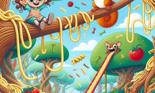 A 4-year-old girl named Lily, with big sparkling eyes and curly brown hair, is sitting at the top of a tall branch of a spaghetti tree. She smiles in wonder, arms open, ready to slide. Next to her is a small spaghetti squirrel named Noodle, with a spiral tail and mischievous eyes, happily jumping and showing the way to the big spaghetti slide. The setting is an enchanted forest where colorful spaghetti trees rise to the sky, with pasta-shaped leaves and tomato sauce flowers. The ground is covered in fluffy spaghetti clouds, creating a playful and absurd atmosphere. The main scene shows Lily and Noodle getting ready to slide together on a huge spaghetti slide, with laughter and splashes of sauce flying around them, illustrating a moment of joy and adventure in this whimsical world.