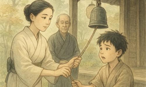 Aiko, an adult woman with a serene but determined face and soft focused eyes, wearing a simple cream linen kimono with an olive belt and her black hair in a bun, gently holds the rope of a small bronze bell and looks toward the boy. A boy of about 11, tousled hair and still-round cheeks, in a worn short kimono, stands slightly in front of Aiko, gripping the rope with both hands and pulling with a mix of fear and relief. An elderly priest, about 70, with a calm, wrinkled face and dark traditional kimono, stands behind the bell ready to hang it on a wooden hook in the temple porch. The wooden temple is old but cared for, dark beams, polished floor, a visible wooden hook under the eaves, hanging paper lanterns, moss-covered stone steps, and a background of pines and fine-leaved maples. The scene captures the exact moment the small bronze bell is given and rung; soft morning light, long shadows, dewdrops on leaves, an atmosphere of beginning and forgiveness, composition centered on the bell and the characters’ hands.