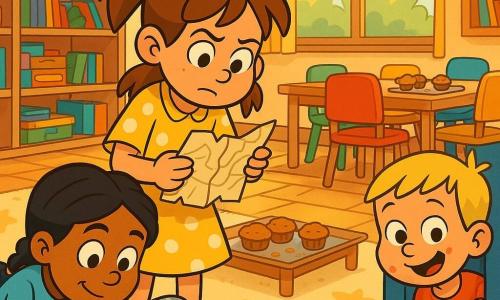 Three children: a 9-year-old girl with brown hair in pigtails wearing a yellow polka-dot dress holds a crumpled paper map and looks down, slightly leaning forward; an 8-year-old girl with black braided hair in a light blue sweater kneels left of her, examining a crumb on the carpet with a metal round magnifying glass; a 3-year-old blond boy in a jam-stained red T-shirt partially hides under a blue chair to the right, smiling with muffin crumbs around his mouth. The setting is a warm family coworking space with a cream star-pattern carpet, large windows letting in golden light, wooden shelves of games and books, clustered colorful chairs (red, green, yellow, blue) and a wooden coffee table with a tray of muffins and visible crumbs. Main scene: the three little investigators calmly and playfully search for a missing muffin — magnifying glass enlarges a large crumb, a crumpled napkin map, a muffin wrapper under the blue chair, curious kind expressions, warm colors and soft outlines in a 90s cartoon style.