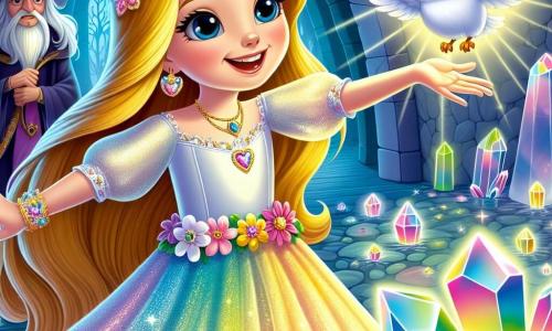Princess Elara, a 10-year-old girl, has long golden hair that shines like sunlight. She wears a sparkling pastel dress adorned with colorful flowers, and her face shows joyful determination as she reaches for the Crystal Heart, a glowing gem floating before her. Next to her is Oliver, the wise owl with white feathers and bright round eyes, perched on a branch, watching Elara with kindness, ready to offer advice. In the distance, the witch, a woman in her thirties with dark hair and a mysterious cloak, observes the scene with a mix of curiosity and regret, her face reflecting a glimmer of hope. The scene takes place in the Crystal Cave, a magical place with shimmering walls where crystals of all colors illuminate the space, creating rainbow reflections on the ground. The heart of the cave is filled with light, and the atmosphere is both mysterious and welcoming. The main situation shows Elara, full of courage, reaching out to grasp the Crystal Heart, while the witch begins to understand the beauty of friendship and shared magic, symbolizing a new beginning for all.