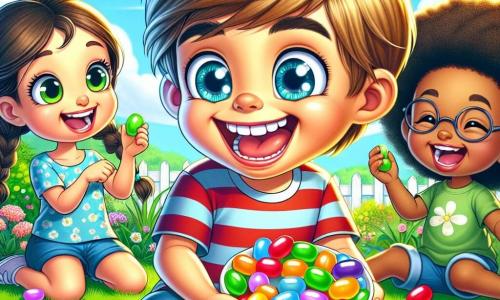 A 6-year-old boy, Max, with sparkling blue eyes and messy blonde hair, is sitting on the green grass of his garden, laughing heartily. He wears a red and blue striped t-shirt and denim shorts. Next to him, Lily, a 6-year-old girl with braided brown hair and a bright smile, holds a handful of colorful jellybeans, ready to share. Sam, a 6-year-old boy with round glasses and brown hair, makes a funny face while holding a green jellybean, while Mia, a 6-year-old girl with pigtails and a floral dress, bursts into laughter showing a yellow jellybean. The garden is filled with colorful flowers and a large tree providing shade, under a clear blue sky with fluffy clouds. In the center of the image, the friends are surrounded by a large bowl of bright, multicolored jellybeans, while they joke and toss jellybeans at each other, creating a joyful and playful atmosphere.