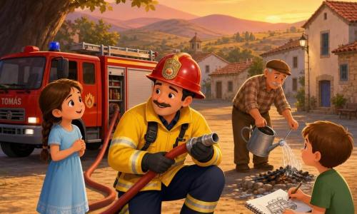Um bombeiro, Tomás, sorridente e calmo, rosto redondo com bigode fino, capacete vermelho brilhante e jaqueta amarela com faixas refletoras, mostra uma mangueira em modo didático, postura protetora; uma menina, Sofia, cerca de 8 anos, tranças castanhas e vestido azul-claro, está à esquerda junto ao caminhão, atenta e maravilhada; um menino, cerca de 7 anos, cabelo curto e camiseta verde, sentado à direita numa pedra, segura um lápis e um caderno e desenha o caminhão; um homem idoso, senhor Duarte, cerca de 60 anos, rosto enrugado e camisa xadrez, rega o chão ao redor de uma pequena fogueira apagada com um regador, atrás das crianças; cenário: uma praceta de aldeia ao crepúsculo com uma grande árvore sombreada à esquerda, caminho de terra, casas de pedra com telhados de telha vermelha, relva seca e montanhas suaves ao fundo; situação: Tomás explica regras de segurança perto do caminhão vermelho levemente fumegante ao fundo, as crianças formam um círculo de segurança, atmosfera acolhedora em cores quentes de outono e luz dourada do pôr do sol, composições claras com profundidade e paleta contraste vermelho-amarelo-azul.
