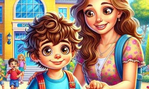 Un bambino di 4 anni, Tommaso, con i capelli castani arruffati e grandi occhi curiosi, si trova davanti all'ingresso di una scuola. Il suo viso esprime eccitazione mista a un po' di apprensione. Indossa una maglietta blu vivace e uno zainetto rosso sulle spalle. Accanto a lui, sua madre, una donna di circa 30 anni con capelli lunghi e ondulati, lo guarda con un sorriso rassicurante, tenendogli la mano. Indossa un vestito leggero a fiori e si inclina leggermente verso di lui, pronta a incoraggiarlo. La scuola è un grande edificio colorato con muri gialli e finestre blu, circondato da un giardino verde pieno di fiori colorati. I bambini giocano nel cortile, ridendo e correndo attorno a un grande albero. Tommaso, un po' nervoso ma determinato, prende un respiro profondo prima di entrare nella scuola, pronto a scoprire un nuovo mondo di apprendimento e amicizia.