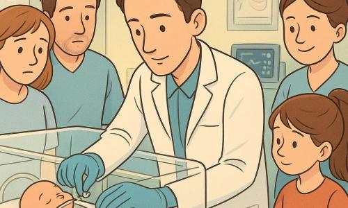 Un medic adult, înalt și slab, păr scurt castaniu, privire blândă și concentrată, în halat alb și mănuși albastre ajustează un senzor la un incubator transparent cu gesturi precise; în fața lui, un nou-născut prematur are un episod de apnee rezolvat prin stimulație ușoară, monitoarele arătând o curbă în creștere. Marta, o fată ucenică de 12 ani cu coadă de cal și carnet în mână, privește cu curiozitate și admirație; asistenta Ioana, ~40 ani, cu zâmbet liniștit și păr prins, ține un tăviță cu instrumente la dreapta incubatorului. Părinții tineri, mama obosită dar emoționată (~28 ani) și tatăl tremurând (~30 ani) cu mâna pe marginea incubatorului, stau la stânga; decorul e o unitate de neonatologie luminoasă și caldă, pereți pastel, rând de incubatoare, monitoare verzi și albastre, lumină blândă și stil bandă desenată cu trăsături rotunjite și culori calde, atmosferă liniștitoare și plină de speranță.