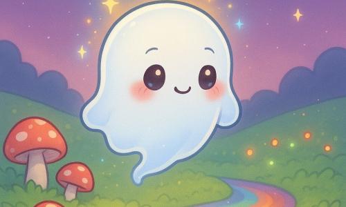 A small round ghost named Whiffle, marshmallow-like, fluid and translucent, floats at the center of a meadow facing a rainbow stream, sending yellow and blue sparks to wake the sleeping Wonder-Light; he looks awed and gently determined with rosy cheeks and a shy smile, tiny fireflies blink to his right above cotton‑candy green moss dotted with red-and-white teacup mushrooms, under a lilac twilight sky with emerging stars — chibi kawaii style, saturated pastels, clean outlines, soft textures and warm luminous rendering.