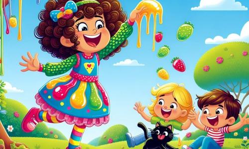 Ana, uma mulher de cabelos cacheados e castanhos, usa um traje colorido com estampas de gelatina, exibindo um grande sorriso de empolgação enquanto transforma um galho de árvore em gelatina. Ao seu lado, Luísa, uma menina de 8 anos com cabelos loiros e um vestido rosa, ri muito segurando um pequeno gato preto que observa a gelatina com curiosidade. Pedro, um menino de 9 anos com cabelos castanhos e uma camiseta verde, está sentado no chão, rindo enquanto tenta pegar os pedaços de gelatina que caem ao redor deles. A cena ocorre em um parque ensolarado, com árvores verdes, flores coloridas e um céu azul com nuvens brancas. No centro da ilustração, Ana usa seus poderes para criar uma pista de gelatina que desce da árvore, enquanto o gato preto se diverte pulando na gelatina, provocando risadas entre seus amigos.