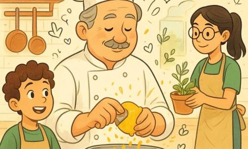 Um chef homem de rosto redondo, bigode fino e cabelo grisalho penteado para trás, expressão serena e concentrada, sorri enquanto raspa o zesto de um grande limão amarelo sobre uma tigela de aço; um menino assistente de cerca de 12 anos, cabelos castanhos encaracolados e avental grande, segura uma tábua de madeira ao lado; uma aprendiz de cerca de 16 anos, rabo de cavalo preto e óculos redondos, acrescenta ervas frescas num pote de barro, em um banquinho atrás do balcão; cozinha de restaurante luminosa com azulejos brancos, prateleiras de madeira com frascos coloridos, grandes panelas penduradas e luminárias de cobre, leve vapor no ar; cena principal mostra o chef preparando um molho com zesto de limão, pequenos pedaços amarelos voando como confetes, clientes desfocados e sorridentes vistos por uma grande janela para uma avenida movimentada; paleta quente e luminosa: amarelos de limão, verdes de ervas, madeira mel e cobre brilhante; estilo gráfico limpo, linhas suaves, texturas levemente a lápis, com pequenos doodles (traços de cheiro, corações, estrelas) ao redor dos ingredientes.