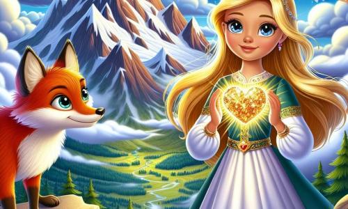 Die Prinzessin Alina, ein etwa 12-jähriges Mädchen mit langen goldenen Haaren und neugierigen, funkelnden Augen, steht auf einem majestätischen Berggipfel und hält in ihren Händen ein leuchtendes Herz, das in tausend Farben strahlt. Ihr Gesicht zeigt eine Mischung aus Entschlossenheit und Staunen, während sie eine schlichte, aber elegante Tunika mit floralen Mustern trägt. Neben ihr beobachtet der schlaue Fuchs Fynn, mit seinem leuchtend roten Fell und schelmischen Augen, bewundernd und bereit, ihr Ratschläge zu geben. Nicht weit entfernt fliegt die kleine Elfe Elara mit ihren funkelnden Flügeln und silbernen Haaren fröhlich um Alina herum und verleiht der Szene einen Hauch von Magie. Die Kulisse ist der Gipfel eines Berges, umgeben von sanften, baumwollartigen Wolken, mit einem Panoramablick auf ein verzaubertes Königreich, in dem sich grüne Wälder und glitzernde Flüsse bis zum Horizont erstrecken. Alina, voller Mut und Freude, entdeckt das Herz der Weisheit, das Symbol ihres Abenteuers, während ihre Freunde sie ermutigen und diesen magischen Moment gemeinsam feiern.