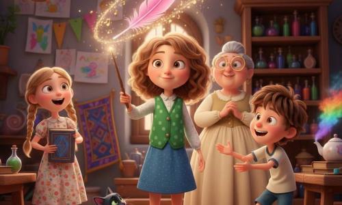 Aurora, apprendista strega ragazza, serena e concentrata con occhi grandi e capelli castano chiaro ricci, veste una giacchetta verde a pois e un abito corto; con una bacchetta di legno fa scendere dolcemente una piuma rosa di fenicottero circondata da scintille dorate e piccole note musicali. Accanto, Tom (6–7 anni) con capelli arruffati e pantaloni corti blu ride e tende la mano verso la piuma dalla destra; Lucia (6–7 anni), con trecce e vestito a fiori, sullo sfondo a sinistra tiene un libro blu sorridendo; la maestra in abito crema con occhiali a mezzaluna sta in piedi vicino a uno scaffale di pozioni con le mani giunte; il gatto nero Ombra è seduto ai piedi di Aurora con la coda arrotolata. L'aula è calda e magica, con scaffali di barattoli colorati, un tappeto volante ripiegato, una teiera fumante che sprigiona un arcobaleno e disegni dei bambini appesi.