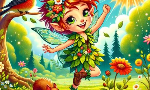 Benni, eine kleine Fee mit zerzausten roten Haaren und funkelnden Augen vor Freude, tanzt auf einer grünen Wiese, umgeben von bunten Blumen, die unter der strahlenden Sonne blühen. Sie trägt eine mit floralen Mustern verzierte Blätterjacke und ein großes Lächeln erhellt ihr Gesicht. In der Nähe sitzt ein glänzend schwarzer Amsel auf einem Ast und singt fröhlich, während ein kleiner, neugieriger Eichhörnchen mit buschigem Schwanz sie von einem Baumstamm aus beobachtet. Der Ort ist eine sonnige Wiese, übersät mit leuchtenden Wildblumen, im Hintergrund majestätische Bäume und ein klarer blauer Himmel mit flauschigen weißen Wolken. Die Hauptsituation zeigt Benni, die den Frühling feiert, während sie tanzt und lacht, während die Natur um sie herum erwacht, voller Leben und Farben.