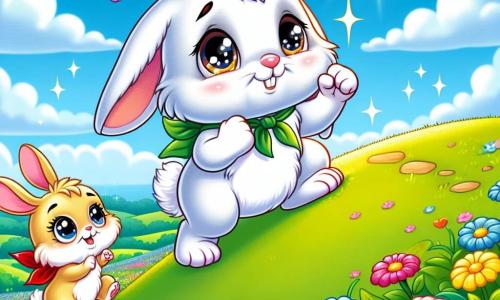 An illustration depicts a small white rabbit with large floppy ears and sparkling eyes filled with determination. Despite having a slightly twisted paw, he wears a radiant smile of pride as he climbs a green hill. Next to him is a little golden-furred rabbit with bright eyes and an encouraging expression, joyfully hopping and ready to help, her enthusiasm infectious. The setting is a beautiful sunny meadow dotted with colorful flowers in vibrant shades of pink, yellow, and blue, under a clear blue sky with soft, fluffy clouds. The main scene shows the little rabbit about to reach the hilltop, symbolizing his courage and determination to overcome challenges. Other graphical elements include butterflies fluttering around them, birds singing in the trees, and a winding path leading to the hill, representing journey and friendship.