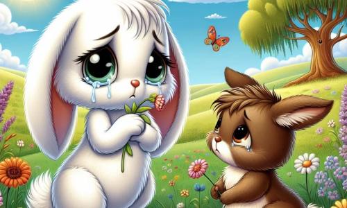 An illustration of a small white rabbit with long, drooping ears sitting in a sunny meadow. It has a melancholic expression, its eyes glistening with tears, and holds a small colorful flower in its front paws. Next to it, a brown rabbit with soft fur and bright eyes looks at its friend with compassion, showing a sad yet comforting expression, ready to offer support. The main setting is a lush green meadow dotted with vibrant wildflowers under a clear blue sky, where the sun shines softly, creating a peaceful and comforting atmosphere. The scene depicts the little rabbit reminiscing about its lost friend, surrounded by flowers they had planted together, symbolizing their friendship and happy memories. Other graphic elements include colorful butterflies flying around, a gentle breeze making the flowers dance, and a majestic old oak tree in the background, adding a touch of wisdom and serenity to the scene.