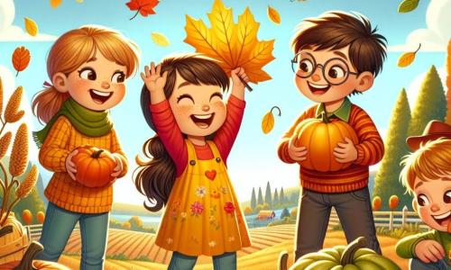 Cuatro amigos están en el centro de una gran granja en otoño. Clara, una niña de 10 años con cabello largo y castaño y un vestido amarillo, sonríe sosteniendo una gran hoja dorada. A su derecha, Miguel, un niño de 11 años con cabello castaño y un suéter naranja, observa maravillado una calabaza redonda que encontró. A la izquierda, Sofía, una niña de 9 años con cabello rizado y una bufanda roja, se agacha para recoger hojas de colores. Finalmente, Tomás, un niño de 10 años con gafas y una camiseta verde, se queda un poco atrás, sosteniendo una piña pequeña y riendo alegremente. El escenario es una granja pintoresca, con árboles de hojas brillantes en rojo, naranja y amarillo, y un cielo azul claro de fondo. Los amigos están creando un mural con los tesoros que han encontrado, ilustrando la belleza del otoño con hojas, calabazas y sonrisas radiantes.