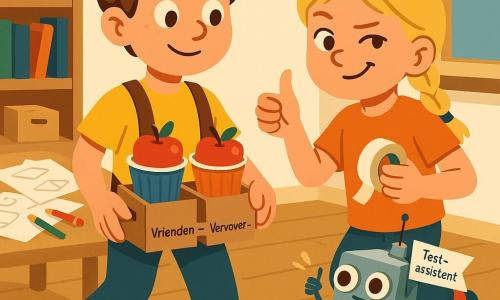 Een jongen, Milo, ongeveer 9 jaar, rond gezicht, bruin haar in de war, geconcentreerde glimlach en stralende ogen; hij draagt een geel t‑shirt en de "Vrienden‑Vervoerband" over zijn schouders (twee kleine kartonnen doosjes verbonden met een band over de borst) en houdt een appel in één hand. Een meisje, Noor, ongeveer 9 jaar, lichte huid, blond haar in een vlecht, speelse, ondeugende uitdrukking; ze staat naast Milo, steekt duim omhoog en houdt een rol plakband. Een klein robotje, Botje, mat lichtgrijs metalen lichaam, twee grote knopogen, armen van rietjes en een klein vlaggetje op de rug met "Test‑assistent"; hij rijdt over de vloer bij Milo’s schoenen en geeft een klein groen licht. De scène speelt zich af in een warme, nette studeerkamer met een licht houten bureau vol tekeningen en dozen, kleurrijke papieren bekers en losse potloden, zachte warme lampverlichting. Situatie: Milo loopt voorzichtig door de kamer met de band op zijn schouders en gebalanceerde doosjes met appels in bekertjes, Noor moedigt aan en Botje controleert het evenwicht; optimistische sfeer, heldere contrasterende kleuren, eenvoudige scherpe vormen, compositie gericht op de drie personages.