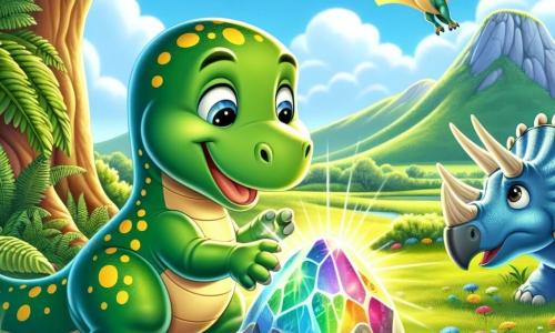 Un giovane diplodoco di nome Dino, con la pelle verde e macchie gialle, si trova felicemente al centro dell'immagine, con gli occhi brillanti di eccitazione, mentre tocca una pietra luminosa che scintilla di mille colori. Accanto a lui, Tricia, un triceratopo con maestose corna e pelle blu chiaro, guarda con meraviglia, gli occhi tondi pieni di curiosità. Sullo sfondo, un pterosauro con le ali spiegate sorvola la scena, le sue piume colorate riflettono il sole, mentre punta verso il cielo, come se annunciasse una nuova scoperta. Il panorama è una vasta pianura verde, costellata di grandi felci e fiori vivaci, con un grande albero dal tronco largo che offre ombra. In lontananza, dolci montagne si delineano sotto un cielo blu intenso, punteggiato di nuvole soffici. La scena principale mostra Dino che scopre la misteriosa pietra della saggezza, circondato dai suoi amici, tutti meravigliati dalla magia del momento, pronti a vivere una nuova avventura insieme.