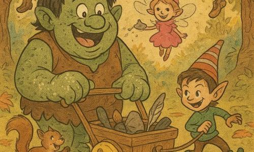 El personaje principal es un troll llamado Bartolo, niño grande y redondeado de piel verde moteada, nariz ancha y mechones despeinados, alegre y sorprendido con ojos abiertos y boca riendo, que sujeta con manos enharinadas un pequeño carrito de ruedas como queso; a su derecha corre Logico, un duende pequeño y vivaz con gorro a rayas y ojos pícaros, tirando del carrito con una cuerda; flotando sobre el carrito sonríe Pina, una diminuta hada peluda con vestido rosa y sombrero puntiagudo que sostiene un pequeño sombrero brillante invisible; a la izquierda, una ardilla con calcetines verdes salta sobre una piedra con patas en el aire; el carrito es de madera rústica con ruedas amarillas semejantes a queso, una campanilla plateada y objetos extraños sobresaliendo; la escena ocurre en un claro del 