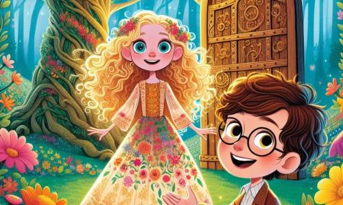 Una niña de 12 años, Lila, con cabello rizado y dorado, y grandes ojos llenos de curiosidad, se encuentra en el centro de un jardín mágico. Lleva un vestido ligero de colores vivos con motivos florales, y su rostro expresa una alegría maravillada. A su lado, un niño de 12 años, Luz, con cabello castaño y gafas redondas, sonríe mientras le tiende la mano, como invitándola a explorar más. El jardín es un lugar encantador, lleno de flores brillantes y árboles majestuosos cuyas hojas brillan al sol. Al fondo, hay una gran puerta de madera antigua, adornada con símbolos misteriosos, frente a un inmenso árbol cuyas ramas se extienden hacia el cielo. Lila y Luz están frente a la puerta, ansiosos por descubrir los secretos que encierra, con sus rostros iluminados por la emoción y el asombro.