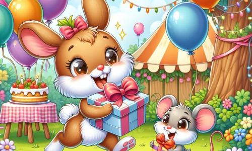 Ein kleiner Hase mit großen Ohren und braunem Fell, dessen Augen vor Freude strahlen, springt glücklich in einem bunten Garten, umgeben von Ballons und Girlanden. Neben ihm steht eine kleine graue Maus mit einer roten Schleife auf dem Kopf, die lächelt und voller Begeisterung ein sorgfältig verpacktes Geschenk hält, bereit, es dem Hasen zu überreichen. Der Garten blüht mit leuchtenden, bunten Blumen, einem großen schattigen Baum und einem Tisch, der mit einer köstlichen Karotten-Torte dekoriert ist. Die Szene zeigt ein fröhliches Fest, bei dem der Hase plant, seinem Papa eine unvergessliche Vatertagsüberraschung zu bereiten, umgeben von seinen Freunden.