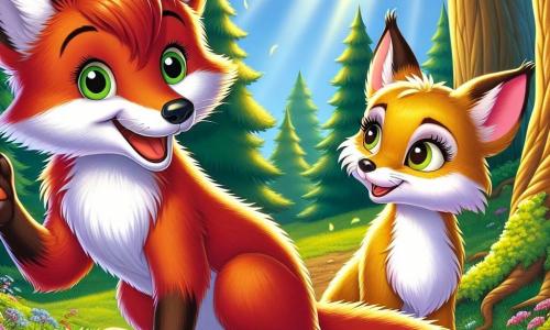 Ein junger Fuchs mit leuchtend rotem Fell und neugierigen Augen steht auf einem kleinen, grünen Vorsprung, der Wind spielt mit seinem Fell. Er lächelt begeistert und hebt eine Pfote, als wolle er mit seinen Freunden sprechen. Neben ihm sitzt eine Füchsin mit sanften goldenen Reflexen und intelligenten Augen, die ihm aufmerksam zuhört; ihr entschlossener Gesichtsausdruck verrät ihren Wunsch nach Veränderung. Sie sitzt im Gras, umgeben von bunten Blumen, bereit zu sprechen. Der Ort ist eine sonnige Lichtung, umgeben von großen Bäumen mit robusten Stämmen und leuchtend grünen Blättern, durch die Sonnenstrahlen auf den mit Wildblumen bedeckten Boden scheinen. Die Hauptsituation zeigt den Fuchs und die Füchsin, die eine Versammlung mit anderen Waldbewohnern organisieren, um über Gleichheit und die Wichtigkeit, jedem eine Stimme zu geben, zu diskutieren und eine Atmosphäre von Kameradschaft und Hoffnung zu schaffen.