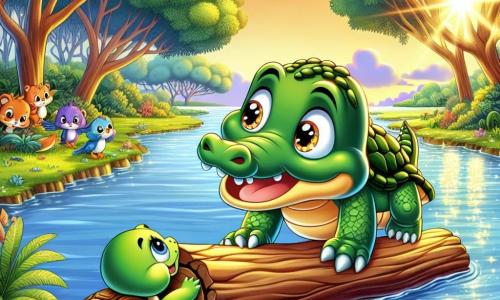 Un giovane coccodrillo di nome Carlo, con una pelle verde brillante e occhi curiosi, si trova sulla riva di un grande fiume, mostrando un'espressione determinata e gioiosa. Spinge un grosso tronco d'albero con le sue piccole zampe muscolose, circondato da una luce dorata del sole al tramonto. Accanto a lui, una dolce tartaruga di nome Tina, con un guscio colorato e un sorriso caloroso, lo incoraggia alzando le piccole zampe anteriori, pronta ad aiutare. Sullo sfondo, un gruppo di animali, tra cui un pappagallo colorato e un piccolo ratto, osserva con espressioni di speranza ed eccitazione. Il luogo è un magnifico fiume Aladino, circondato da fiori selvatici e grandi alberi con foglie lussureggianti, dove l'acqua scintilla come diamanti. La scena principale mostra Carlo e Tina uniti in uno sforzo collettivo per spostare il tronco che blocca il passaggio, simboleggiando l'amicizia e il lavoro di squadra.