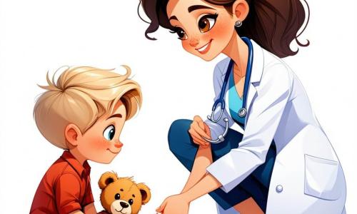 La dottoressa Anna, una donna dai capelli castani e ricci, indossa un camice bianco splendente. Ha un sorriso caloroso e occhi brillanti di benevolenza. È accovacciata mentre cura un bambino, Tommaso, di circa 6 anni, con un ginocchio graffiato. Tommaso, con capelli biondi e guance rosa, guarda Anna con ammirazione, tenendo un piccolo orsetto di peluche tra le braccia. Nella stanza, un'infermiera di nome Maria, una donna di circa trent'anni con capelli castani raccolti in uno chignon, osserva con un sorriso rassicurante, pronta ad aiutare. La sala di consultazione è luminosa, con pareti dipinte di azzurro pastello, poster colorati di disegni di animali e giocattoli sparsi su uno scaffale. La scena principale mostra Anna mentre mette un cerchio colorato sul ginocchio di Tommaso, che sorride, sollevato. I raggi di sole filtrano attraverso la finestra, creando un'atmosfera calda e accogliente.