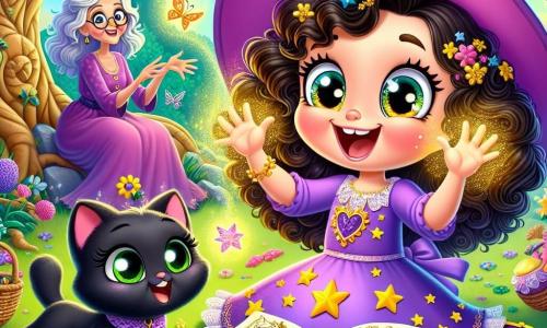 Al centro dell'immagine, Lulù, una giovane apprendista strega di cinque anni, è rappresentata con grandi occhi scintillanti e capelli ricci, indossando un abito viola decorato con stelle dorate. Esprime una gioia contagiosa, ridendo a crepapelle mentre tiene un vecchio diario magico tra le mani. Accanto a lei, Mago, il suo gatto nero dagli occhi verdi brillanti, è sdraiato sull'erba, ridendo anche lui, con una zampetta alzata come se volesse giocare. Sullo sfondo, la saggia strega Flora, una donna di circa sessant'anni con capelli argentati e un sorriso benevolo, è seduta sotto un grande albero dalle fronde contorte, circondata da fiori colorati, osservando la scena con divertimento. Il contesto è un giardino incantevole, pieno di fiori vivaci e farfalle svolazzanti, dove la magia sembra galleggiare nell'aria, con un cielo azzurro chiaro punteggiato di nuvole soffici. La situazione principale mostra Lulù che, dopo aver pronunciato un'incantesimo, provoca un'ondata di risate contagiose che si diffonde nel giardino, trasformando il luogo in un festival di gioia e magia.
