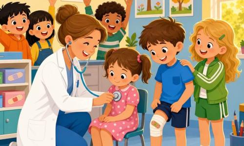 Médica sonriente de pelo castaño claro recogido en moño, con bata blanca, arrodillada y apoyando un estetoscopio azul pastel en el pecho de un niño; Sofia, unos 6 años, con coletas y vestido rosa de lunares, sentada y mirando el estetoscopio; Pablo, unos 7, pelo corto, rodilla vendada con un pequeño parche, de pie y sonriendo mostrando la herida; Carla, unos 7, pelo ondulado rubio y ropa deportiva verde, con una mano tranquilizadora en el hombro de Pablo; al fondo, tres niños (6–8 años) en semicírculo riendo y curiosos; pequeña sala médica escolar con paredes amarillo pálido y azul, estantería con vendas y una ventana que deja entrar luz dorada; ambiente amable, colores vivos y objetos infantiles visibles (caja de pegatinas, termómetro rosa).