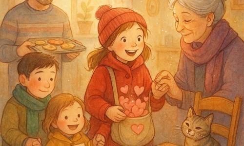 Una bambina di 8 anni, Lina, raggiante ed emozionata, capelli castano chiaro raccolti, cappotto rosso e berretto, tiene una borsa di stoffa piena di piccoli cuori di carta; attorno a lei famiglia e vicini in una cucina calda e accogliente: la nonna di circa 70 anni con capelli grigi raccolti e sciarpa prugna che le tiene la mano, il padre sui 35 anni con barba corta che porta un vassoio di biscotti, Samir di circa 9 anni con sciarpa verde che sorride timidamente tenendo la mano della sorellina e un cuore di carta, la sorellina di 4 anni con cappottino giallo che mostra un disegno colorato, e il gatto tigrato Piuma su una sedia con un cuore di carta appeso alla coda; sul tavolo materiali da bricolage, ritagli di carta colorata, colla e forbici, sopra la finestra una ghirlanda di cuori e una luce dolce di tardo pomeriggio che crea un'atmosfera conviviale e magica mentre Lina rientra sorpresa e riceve piccoli regali.