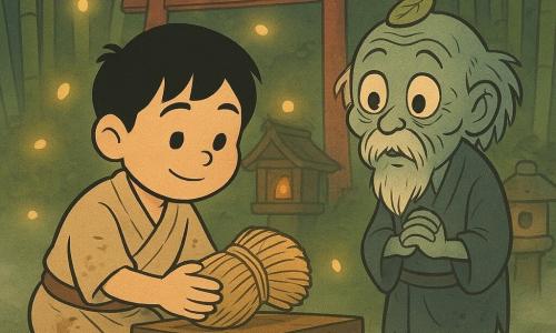 Un chico de unos 12 años, Haru, rostro redondo y cabello negro, sonríe ligeramente mientras coloca una última gavilla de arroz atada con paja en un pequeño altar de madera; viste un kimono corto beige y obi marrón, sencillos y manchados de tierra. A la derecha, algo retirado, un viejo yōkai llamado Tsumetaka —cuerpo pequeño, piel gris verdosa, barba fina, ojos brillantes y una hoja pegada en la frente— lo observa con sorpresa y emoción, manos recogidas como dudando en acercarse. Pequeños espíritus del lugar, formas flotantes blancas y doradas como luciérnagas de papel, revolotean alrededor del torii y el altar, creando puntos de luz cálida. El escenario es un santuario sintoísta de madera oscura con un torii rojo algo gastado, una linterna de piedra con brasa anaranjada, suelo de piedras musgosas y bambúes altos que dibujan franjas de luz; una niebla baja suaviza los contornos. Momento íntimo y sereno: Haru deposita la gavilla con gratitud, la luz cálida ilumina su rostro y el yōkai observa conmovido; atmósfera pacífica y levemente mágica, composición de formas redondeadas y rasgos suaves al estilo rubber hose.