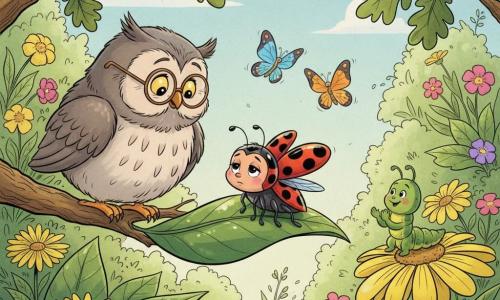 En primer plano, una pequeña mariquita roja con puntitos negros, algo fatigada pero valiente y con las alas ligeramente plegadas, posa sobre una gran hoja verde brillante; a la izquierda, Don Búho, un viejo búho redondeado de plumaje gris y gafas redondas, se apoya en una rama baja con aire benévolo y concentrado inclinando la cabeza como si la aconsejara; a la derecha, Clara la oruga verde, sonriente y curiosa, está sentada en una flor amarilla aplaudiendo suavemente; detrás, dos mariposas azul y naranja revolotean mirando con preocupación y apoyo; el jardín es luminoso y frondoso con flores de colores y un cielo azul con nubes, atmósfera tierna y reconfortante de cuidado, apoyo y esperanza.