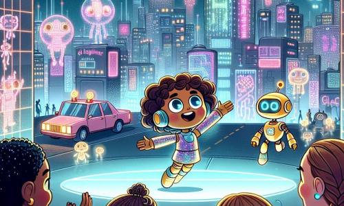 In het midden van de afbeelding danst Lila, een zevenjarig meisje met sprankelende ogen en krullend haar, vrolijk met haar robot Blinky, die een ronde body en knipperende ogen heeft. Rechts van haar applaudisseert Emma, een ander zevenjarig meisje met steil haar en een grote pony, enthousiast, terwijl Noor, een meisje met gevlochten haar en een stralende glimlach, links foto's maakt met een holografische camera. De achtergrond is Glimmerstad, een futuristische stad met glinsterende metalen en glazen gebouwen, verlicht door kleurrijke neonlichten. Vliegende auto's passeren boven hen en hologrammen van fantastische wezens zweven in de lucht, wat een magische sfeer aan de omgeving toevoegt. De hoofdscene toont de drie vriendinnen die hun dansvoorstelling met Blinky presenteren op een verlichte scène, omringd door een verwonderd publiek dat lacht en applaudisseert, wat een feestelijke en blije sfeer creëert.