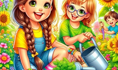 Ein 8-jähriges Mädchen, Lisa, mit langen braunen Haaren und strahlenden Augen, hockt in einem sonnigen Garten, ein strahlendes Lächeln auf ihrem Gesicht. Sie trägt ein leuchtend gelbes T-Shirt und eine Jeansshorts, ihre Hände sind schmutzig, während sie Karottensamen in ein kleines Loch pflanzt. Neben ihr lacht Mia, ein weiteres 8-jähriges Mädchen mit geflochtenen blonden Haaren, während sie eine kleine bunte Schaufel hält, bereit zu helfen. Etwas weiter entfernt gießt Tim, ein 8-jähriger Junge mit Brille und braunen Haaren, die Pflanzen mit einer großen Gießkanne und spritzt fröhlich Lisa nass. Der Garten ist ein wahres Paradies, voller bunter Blumen, grüner Gemüse und großer Sonnenblumen, die sanft im Wind wiegen. Bunte Schmetterlinge fliegen um sie herum und tragen zur fröhlichen Atmosphäre bei. Die Szene zeigt Lisa und ihre Freunde beim Pflanzen von Samen, erfüllt von Aufregung und Glück, umgeben von der Schönheit der Natur und der strahlenden Sonne.