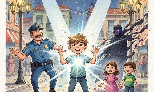 Protagonista: niño de 10 años convertido en superhéroe, cabello castaño claro brillante, mirada determinada y serena, rostro redondeado y sonriente, levanta ambas manos y proyecta un haz de luz blanco-azulada desde el pecho; secundario 1: policía de unos 35 años (Juan), con bigote y uniforme azul oscuro, expresión orgullosa y aliviada, detrás a la izquierda ayudando a la multitud a retroceder; secundario 2: villano (Sombra), figura delgada con capa negra y rostro parcialmente oculto por una sombra violeta que se disuelve en volutas; tres niños (dos niñas y un niño de 8–10 años) frente al héroe a la derecha, ropa colorida y ojos asombrados, manos juntas; lugar: plaza central empedrada de noche con faroles de hierro forjado y guirnaldas multicolores frente a edificios bajos de fachadas pastel; estilo: acuarela suave con salpicaduras controladas de azul, amarillo y violeta, contornos difuminados y reflejos brillantes en los adoquines húmedos; escena: batalla final pacífica donde la luz del niño disipa sombras que se desplazan en composición dinámica en V, luz en el centro y sombras hacia los bordes.