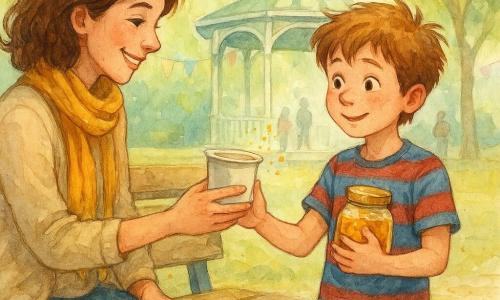A 10-year-old boy, enthusiastic and slightly sheepish, with messy light-brown hair, a blue-and-red striped tee and worn jeans, carefully holds a paper cup of tea and clutches a small jar of honey like a treasure; his mother (about 35–40), with a soft smiling face and a mustard scarf, sits on a wooden bench to his left receiving the cup, glitter on the back of her hand; set in a round white-and-green music kiosk in a spring park with slightly worn wooden planks, pastel bunting, fresh-leaved trees and blurred walkers; a touching, slightly comic scene as the boy offers tea and shows the saved honey jar while the mother looks surprised and tender, warm bright atmosphere with golden watercolor drops around the jar and light splashes around the cup to emphasize the emotion.
