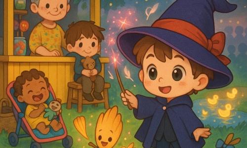 A young apprentice wizard boy (Milo, ~5) with a round face, bright eyes, an oversized purple hat with a red ribbon and squeaky boots waves a thin wooden wand that emits pink sparks and paper feathers; behind a small yellow fairground stall, Madam Poppy (~50) with grey hair in a bun and a floral dress watches proudly; a shy boy (~7) with messy brown hair sits near the counter relieved, holding a found comfort toy and looking gratefully at Milo; a baby girl with curly hair in a colorful stroller laughs while holding a recovered rattle by a wicker basket; an animated broom with golden bristles and a small blue bow hops beside Milo helping gather paper masks; jars on shelves, multicolored paper lantern garlands, sweets stalls and a small shiny pond surrounded by green grass set the scene; Milo casts a 