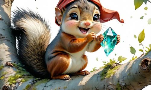 Um pequeno esquilo chamado Lili, com pelagem marrom e olhos brilhantes de curiosidade, sobe entusiasticamente em um grande galho de árvore, segurando um cristal brilhante em suas pequenas patas. Ele exibe um amplo sorriso, transbordando de empolgação e determinação. Ao seu lado, um gnomo chamado Tico, com barba branca e um chapéu pontudo vermelho, observa Lili com admiração, seus olhos redondos cheios de espanto, enquanto se mantém em um galho inferior, pronto para ajudar. Um travesso porquinho-da-índia chamado Pipo, com pelagem dourada e orelhas longas, está logo abaixo, com as patas levantadas, incentivando Lili com um olhar alegre. A cena acontece em uma floresta encantada, onde as árvores estão cobertas de neve cintilante e as luzes de Natal iluminam o ambiente, criando uma atmosfera mágica e festiva. Flocos de neve caem suavemente ao redor deles, acrescentando à beleza da cena. Lili, Tico e Pipo estão em uma missão para encontrar o cristal mágico que iluminará a grande árvore de Natal de sua vila, e estão prestes a ter sucesso, cheios de esperança e amizade.