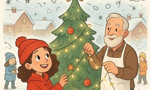 Uma menina de 10 anos, chamada Sofia, com cabelos castanhos cacheados e um sorriso radiante, veste um casaco vermelho vivo e um gorro com pompom. Ela olha maravilhada para uma grande bola dourada no topo de uma árvore de Natal. Ao seu lado, um homem de cerca de 50 anos, o Sr. Martim, com barba branca e avental de padeiro, ajusta uma guirlanda luminosa na árvore. Atrás deles, um grupo de crianças de diferentes idades, vestidas com casacos coloridos, pendura decorações na árvore. A cena acontece em uma praça coberta de neve, cercada por casas com telhados cobertos de neve e luzes de Natal cintilantes. A situação principal mostra Sofia e os moradores unidos ao redor da árvore, criando uma atmosfera calorosa e festiva.