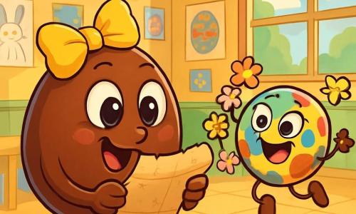 Um ovo de chocolate chamado Ovoleta, com olhos brilhantes e um grande laço amarelo, observa com curiosidade um antigo papel dobrado, seu rosto expressando maravilha e excitação. Ao seu lado, Confetinho, um pequeno doce colorido com um sorriso travesso, salta de alegria, seus olhos brilhando de malícia, segurando uma guirlanda de flores de papel. A cena ocorre em uma sala de aula iluminada, decorada com enfeites de Páscoa: ovos pintados, guirlandas de flores e desenhos de coelhos pendurados nas paredes. Ao fundo, uma janela deixa entrar a luz do sol, iluminando a atmosfera festiva. Ovoleta e Confetinho descobrem juntos um misterioso papel antigo, revelando um segredo sobre as lendas da Páscoa, enquanto a excitação da aventura os envolve em uma aura mágica.