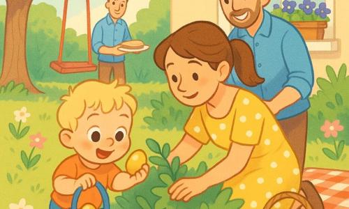 A 2-year-old boy with round bright eyes, rosy cheeks and tousled blond hair, smiling in wonder as he holds a small blue woven basket with a ribbon and picks up a golden Easter egg; a mother (about 30) with brown hair in a ponytail in a yellow polka-dot dress crouches by a bush, gently moving leaves to help him; a father (about 32) with light beard and a blue shirt stands behind a picnic blanket, holding a toast on a plate and smiling; sunny morning garden with dense green grass, pink and white flowers, a tree with a red swing to the left and a white house window with violets on the sill; joyful, calm Easter egg hunt with baskets of colorful eggs (blue, red, purple, green, gold); soft-line graphic style, saturated pastels and light textures on grass and clothing, clear childlike facial expressions.