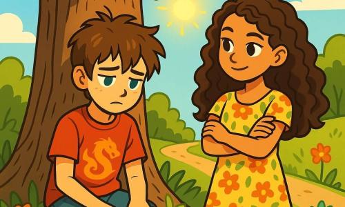 A 12-year-old boy, Leo, with tousled brown hair and bright blue eyes, sits under a large oak tree, looking thoughtful and a bit worried. He wears a red t-shirt with a dragon design and denim shorts, his hands resting on his knees as he gazes at the ground, lost in thought. Next to him, Mia, a 12-year-old girl with long curly hair dressed in a floral dress, looks at him with an encouraging expression, arms crossed, as if inviting him to speak. In the background, the sun shines through the green leaves, creating dancing shadows on the ground, and colorful wildflowers line the dirt path. The scene captures a moment of reflection where Leo hesitates to share his secret, illustrating the struggle between lies and truth.