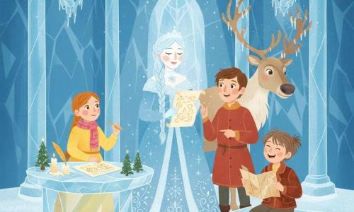 The Snow Queen (from Hans Christian Andersen), a serene, kind woman with a pale face, slightly rosy cheeks, long icy-blue braided hair and a sparkling gown decorated with silver snowflakes, holds a glowing parchment and smiles gently; Kai, a about 10-year-old boy with brown hair in a brick-red coat stands to her right, enthusiastic and pointing at the parchment; Gerda, about 10, in a bright yellow dress and pink scarf stands left by an ice table holding a golden quill ready to write; a large beige-furred reindeer with antlers draped in small stalactites stands behind Kai, calm and protective; the Little Thief, about 12, with short messy hair and a brown leather jacket, sits on an ice bench in the foreground, grinning mischievously and holding a map. The great ice hall has translucent blue walls, crystal columns, a silver-snow carpet and stalactite chandeliers casting cool soft light; a central table displays an open parchment with golden words, quills, melting ice candles and small fir decorations, symbolizing a charter of warmth and friendship. Clear, centered composition, pastel palette with warm accents (red, yellow, gold), clean outlines and simple shapes, readable expressions and welcoming gestures; flat vector illustration style with whimsical decorative elements and a magical, cozy atmosphere.