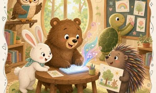 Um grande urso pardo de pelagem macia e olhos redondos, sorrindo e concentrado, sentado numa pequena cadeira de madeira a segurar um teclado luminoso do qual saem notas coloridas como se ele lesse em voz alta; à esquerda, um coelho branco de orelhas longas, alegre e curioso, inclina-se para ver a tela com uma pata na mesa; à direita, um porco‑espinho de espinhos suaves e coloridos, tímido e maravilhado, mostra um desenho; atrás, uma tartaruga de carapaça verde, calma e paciente, organiza folhas e cola autocolantes numa cartolina; a professora coruja, num poleiro junto ao quadro, sorri benevolente e aplaude segurando um caderno; a cena decorre numa sala de aula luminosa na floresta com janelas grandes, guirlandas de folhas, estantes de madeira com livros coloridos e desenhos infantis nas paredes; situação principal: o urso usa seu teclado mágico para contar a história em voz alta enquanto os amigos o escutam e participam, ambiente acolhedor, cores pastéis vivas, texturas suaves e traços arredondados.