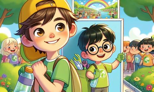 Un niño de 11 años, Diego, está en el centro de la imagen, con cabello castaño desordenado y ojos brillantes de curiosidad. Lleva una gorra amarilla, una camiseta verde y un pantalón corto de mezclilla, mientras sostiene un gran cartel colorido que dice 