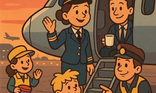A woman pilot (Captain Maya), serene and proud, smiling with round cheeks, brown hair in a bun, wearing a navy pilot uniform with gold stripes, standing at the aircraft door and raising her hand to salute; soft twilight light on her face. A male first officer (Sam, ~30), warm and calm expression, short hair, open pilot jacket, holding a small cup of cocoa, standing just inside the door looking at the woman pilot. A boy (~5), tousled blond hair, clutching a brown teddy bear, seated on the last row near the door, smiling relieved at the adults. A female ground crew member (~40) in a bright yellow vest and cap, holding a tin of biscuits and waving from the tarmac beside a cart. A male ground crew member (~35) in a yellow vest with a headlamp, crouched by the boarding stairs, smiling and softly pointing toward the plane. Scene: in front of a large silver aircraft at the gate at dusk, runway lined with small yellow lights, pink-orange sky, silhouettes of other planes and hangars in the background, textured tarmac with footprints and tar marks. Main moment: a warm post-landing exchange of thanks between crew and ground staff; calm, friendly atmosphere with gestures of gratitude, warm colors, composition centered on the aircraft door and illuminated faces.