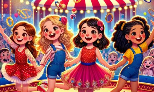 En el centro de la imagen, cuatro niñas de 10 años, Lucía, Sofía, Carla y Valentina, están reunidas en un colorido escenario de circo. Lucía, con largos cabellos castaños y un vestido rojo con lunares blancos, lanza un aro al aire con una gran sonrisa. A su izquierda, Sofía, con cabello rubio y rizado, lleva un tutú rosa y aplaude alegremente. A la derecha, Carla, con cabello negro trenzado y una camiseta azul, intenta atrapar un aro que cae. Finalmente, Valentina, con cabello castaño y un overol amarillo, ríe mientras observa el divertido caos a su alrededor. El decorado es un circo vibrante, lleno de luces brillantes y globos coloridos. En el fondo, una carpa a rayas rojas y blancas se eleva majestuosamente, mientras que los espectadores ríen y aplauden, creando una atmósfera festiva. La situación principal muestra a las cuatro amigas intentando hacer malabares con aros que vuelan en todas direcciones, provocando risas y momentos de pura alegría. La imagen captura la energía y la emoción de un espectáculo de circo, donde la amistad y la diversión son el centro de la acción.