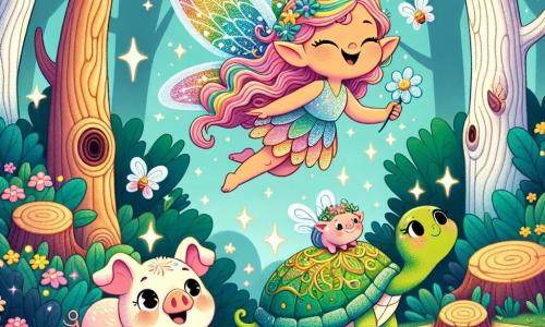 Uma fada chamada Lila, com asas cintilantes nas cores do arco-íris, voa alegremente sobre um caminho florido. Seu rosto brilha com um grande sorriso, e seus cabelos longos e ondulados brilham como estrelas. Ela segura em suas mãos uma pequena flor mágica, pronta para oferecer aos amigos. Ao seu lado, um porquinho travesso chamado Biscoito, com pelagem suave e rosa, salta de alegria em suas patas traseiras, seus olhos brilhando de excitação. Um pouco mais adiante, uma tartaruga chamada Tati, com uma carapaça verde adornada com padrões dourados, avança lentamente, observando a cena com curiosidade. A cena se passa em uma floresta mágica, onde grandes árvores de troncos retorcidos se erguem em direção ao céu, suas folhas brilhantes cintilando à luz do sol. Flores coloridas cobrem o chão, e vaga-lumes dançam ao redor, adicionando um toque de magia à atmosfera. Lila, Biscoito e Tati se preparam para descobrir uma luz misteriosa emanando de uma grande árvore antiga, simbolizando sua busca por aventura e amizade neste mundo encantado.