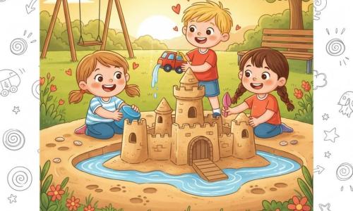 A 4-year-old girl with a round face and light brown hair in small pigtails, sparkling eyes, a wide joyful smile and sandy hands pushing a blue bucket to form a castle tower; another ~4-year-old girl with brown hair in braids, shy-then-enthusiastic expression, holding a small pink shovel and adding shells to the walls beside her; a ~5-year-old boy with messy blond hair in a red T-shirt pushing a red toy truck to dig the moat and pouring water around the castle, slightly behind them; setting: sandbox in a park at early-evening golden light with green grass, colorful flowers, a swing and a wooden bench in the background and small footprints around the castle; scene: the three children build a detailed sandcastle with towers, a small drawbridge and a water-filled moat, scattered buckets and shovels, laughter suggested by motion lines and doodled hearts and stars around their faces.