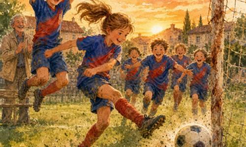 Aurora, giovane giocatrice dal volto radioso e deciso, capelli castano chiaro raccolti in coda, calcia con forza verso la porta mentre il pallone è in aria; Marco, ragazzo di 11–13 anni dai capelli neri corti, salta di gioia alla sua sinistra; il signor Bruno, circa 65 anni, con capelli grigi e baffo sottile, applaude in panchina; altri bambini della squadra corrono verso Aurora con maglie abbinate e ginocchia sporche d’erba. Campo da calcio di paese al crepuscolo con erba irregolare, pali metallici leggermente arrugginiti e reti consumate, case in pietra e alberi sullo sfondo; luce calda arancione del sole basso, tocchi acuarelati che evocano polvere d’erba. Tavolozza calda di aranci e rosa per il cielo, verdi profondi per il prato, accenti vivaci di blu e rosso per le maglie; inquadratura leggermente dal basso con Aurora al centro e profondità che sfuma compagni e spettatori.